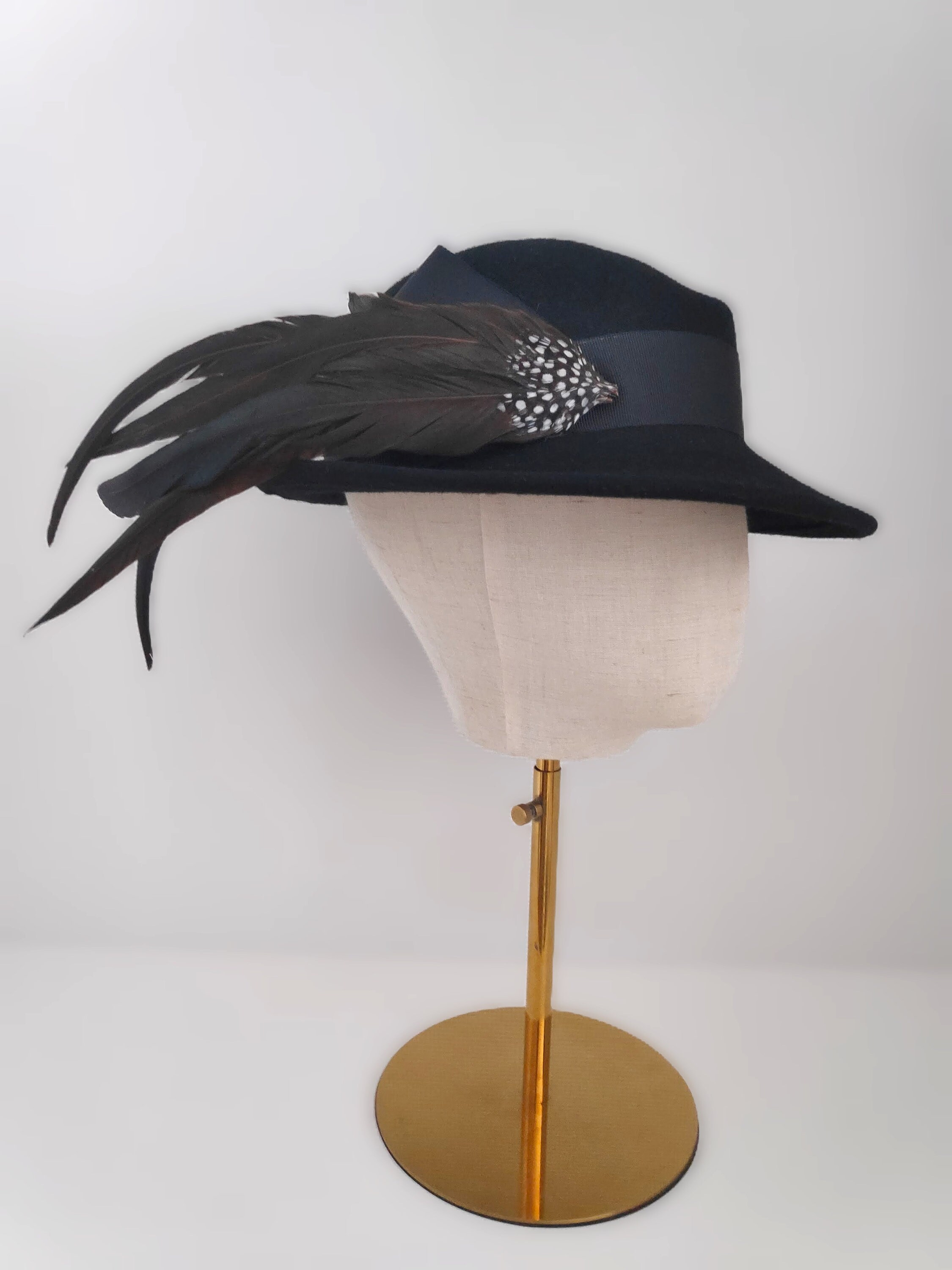 Vintage Inspired Black Wool Felt Hat With Feather & Ribbon 