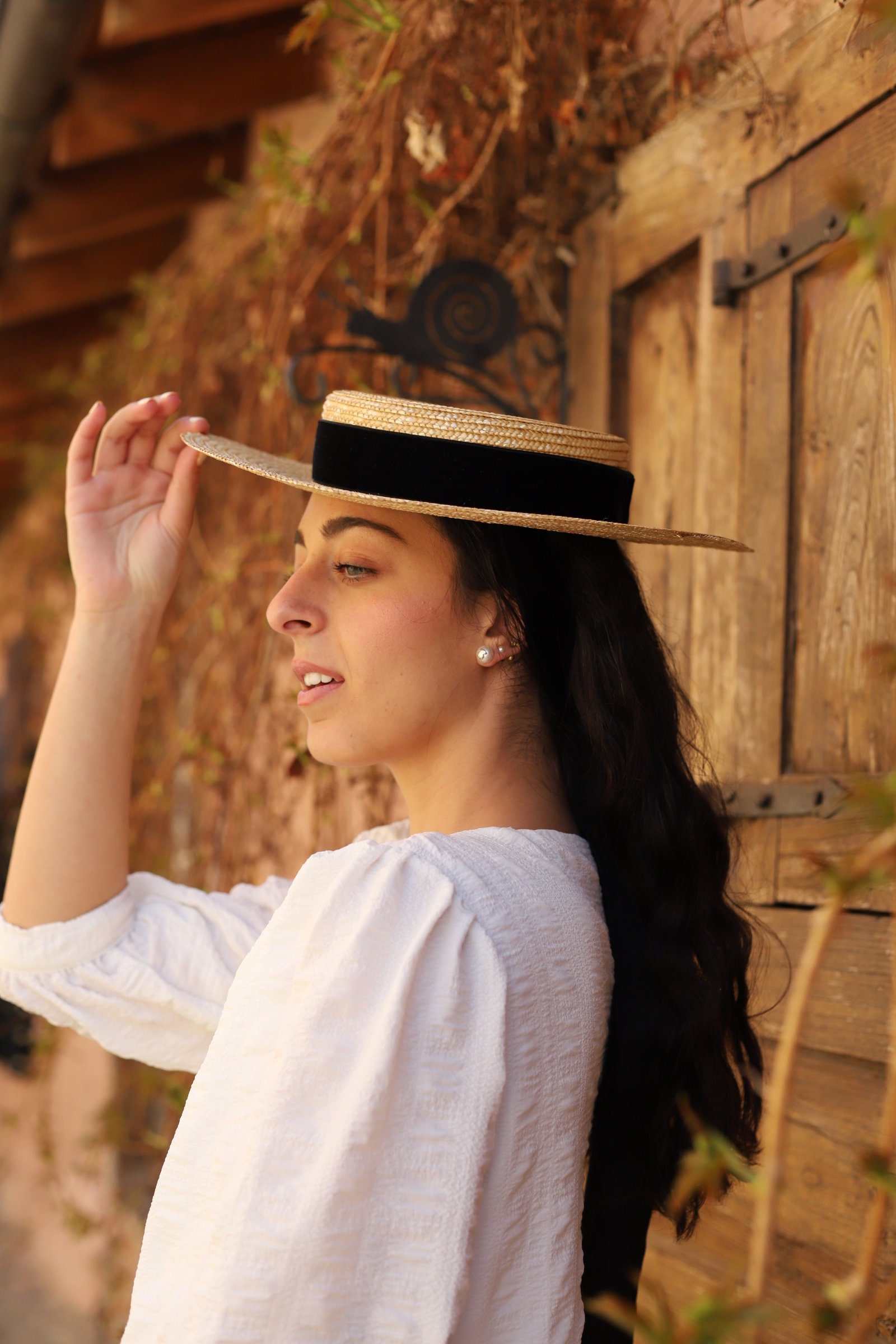 VTG Saks Fifth Ave Made in Italy Natural Straw Boater Hat Black Bow VTG Saks Fifth Ave Made in Italy Natural Straw Boater Hat  main image 4