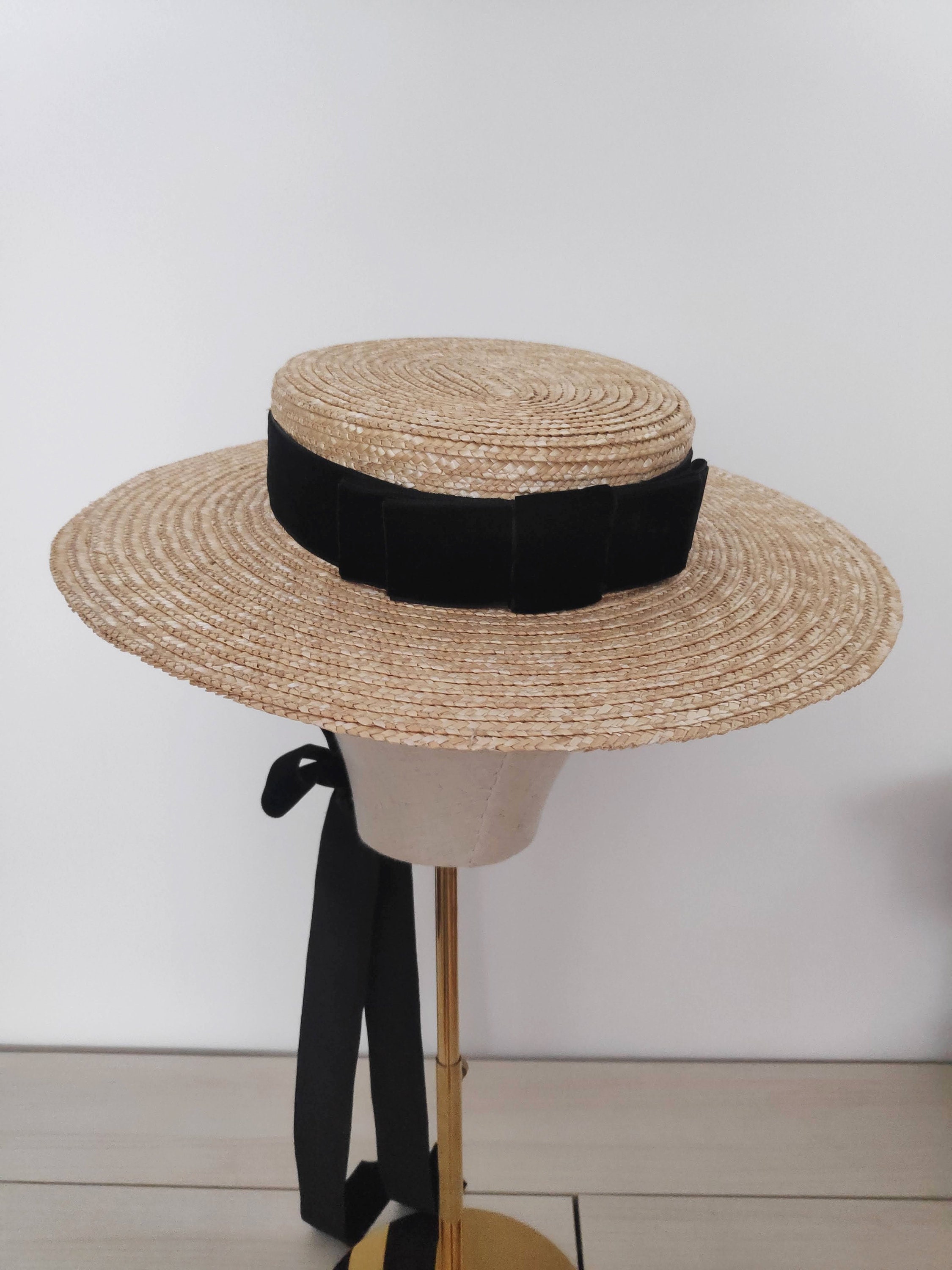 VTG Saks Fifth Ave Made in Italy Natural Straw Boater Hat Black Bow VTG Saks Fifth Ave Made in Italy Natural Straw Boater Hat  main image 3