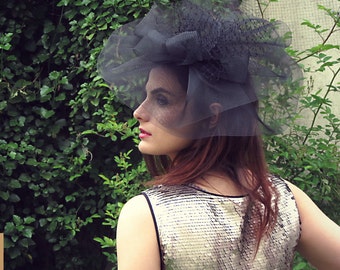 Black crinoline headpiece - Oversize fascinator for her - Races hats - Black fascinator - Crinoline fascinator