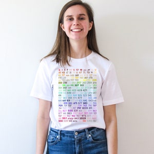 May include: A white t-shirt with a rainbow gradient design featuring numbers from 3 to 1087. The numbers are arranged in a vertical column, with the smallest number at the top and the largest number at the bottom.