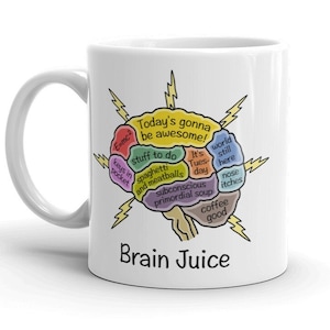 May include: White ceramic coffee mug featuring a brain-shaped design. The brain is divided into sections with different colours and text, including "Today's gonna be awesome!" and "Brain Juice".