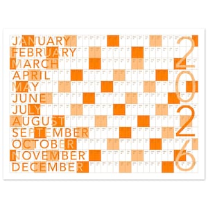May include: A 2026 year calendar with a white background. The months are listed vertically in orange, with each month's days arranged in a grid. Orange squares highlight specific dates. The year 2026 is displayed in large orange numerals.