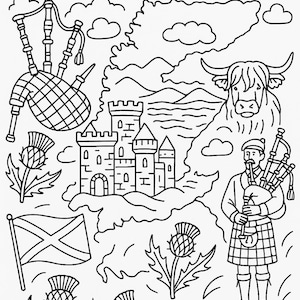 Può includere: Illustrazione in bianco e nero della Scozia con la scritta "SCOTLAND" in alto. L'immagine include una mappa della Scozia, una cornamusa, un castello, una mucca delle Highlands, un uomo che suona la cornamusa, cardi e la bandiera scozzese.