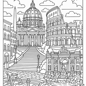 Könnte beinhalten: Schwarz-Weiß-Strichzeichnung von Wahrzeichen Roms, darunter das Kolosseum, der Petersdom und ein Brunnen. Das Wort "ROME" steht oben. Das Bild ist eine Malvorlage.