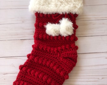 Christmas stocking , boho Christmas stocking , bobble Christmas stocking, red and cream