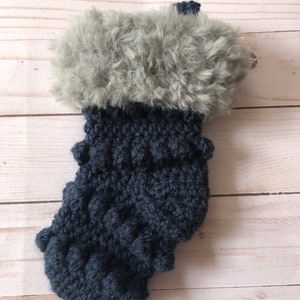 Mini Christmas stocking , boho Christmas stocking , bobble Christmas stocking, Dark Denim with Andesite fur trim