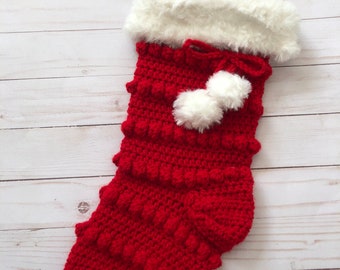 Christmas stocking , boho Christmas stocking , Christmas stocking , Cherry Red with Cream fur trim