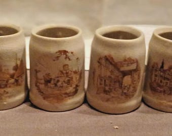 Mini German- like Stoneware Beer Mugs / Shot Glasses / 2 1/4" / Vintage LOT Of 6