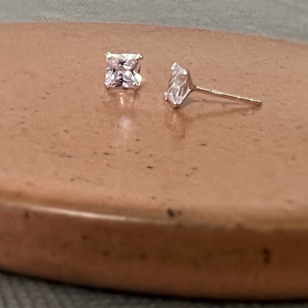 Square Lab Diamond Studs in Sterling Silver, Small Princess Cut CZ Earrings, Bridesmaid Earring Gift, Wedding