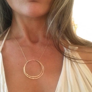 Hammered Gold Filled Circle Necklace, Gold Double Linked Circle Pendant, Interlocking Karma Ring, Two Circles Bridesmaid Gift