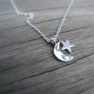 Star and Crescent Moon Necklace, Sterling Silver, Small Star, Tiny Moon and Star, Shooting Star Necklace, Delicate Simple Everyday Jewelry