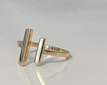 Double Gold Bar Ring . Sterling Silver Two Line Ring Adjustable, Everyday Ring