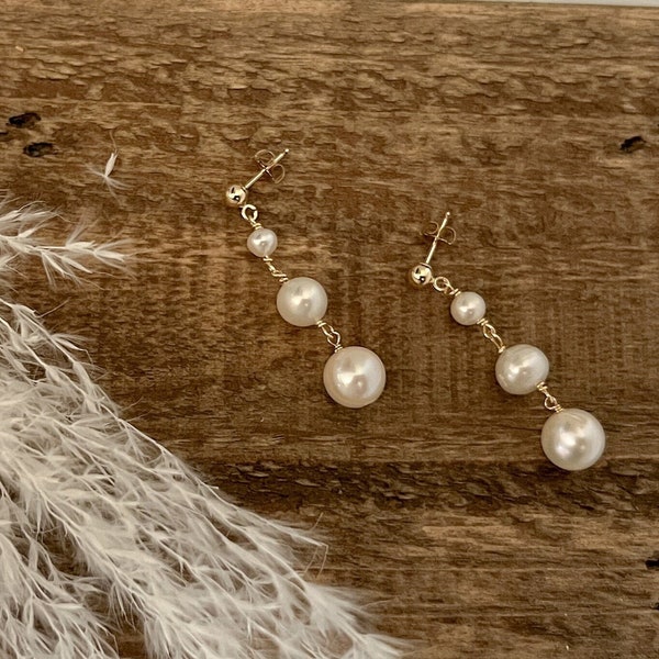 3 Pearl Drop Earring - Real Pearl Drop Earrings - Pearl Dangle Earring - Graduated Pearl Post Earring, Clip On Pearl Earrings - Bridal Pearl