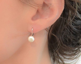 Leverback Freshwater Pearl Earrings in Sterling Silver or Gold, Real Pearl Latchback, Pearl Hook Back Earrings, Bridal Pearl Drop