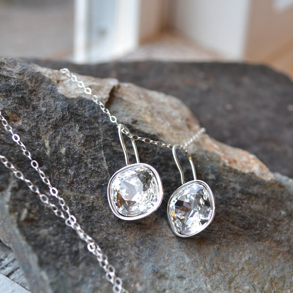 Swarovski Crystal Drop Earrings, Square Rhinestone Earrings, Silver Diamond Bridal Earrings, Wedding Jewelry Set for Bride, Bridesmaids Gift