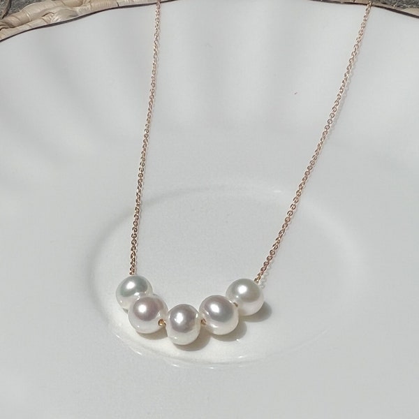 Floating Natural Pearl Necklace, 5 Pearl Necklace, Real Freshwater Pearls, Single Strand Pearls, Five, Bridesmaids Gift, Graduation Present