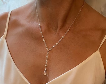 Pearl and Crystal Y Necklace, Long Lariat Necklace, Bridal Jewelry Set, Y Necklace Silver, Rose Gold Crystal Drop Necklace, Simple Wedding