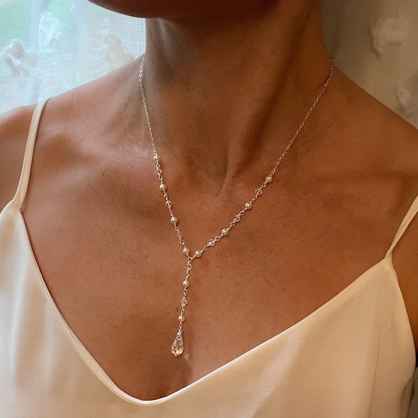 Pearl and Crystal Y Necklace, Long Lariat Necklace, Bridal Jewelry Set, Y Necklace Silver, Rose Gold Crystal Drop Necklace, Simple Wedding