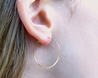 Thin Flat Hoop Earrings in Gold Filled or Sterling Silver, Lightweight Hammered or Smooth Large Hoop, Everyday Hoops Gift