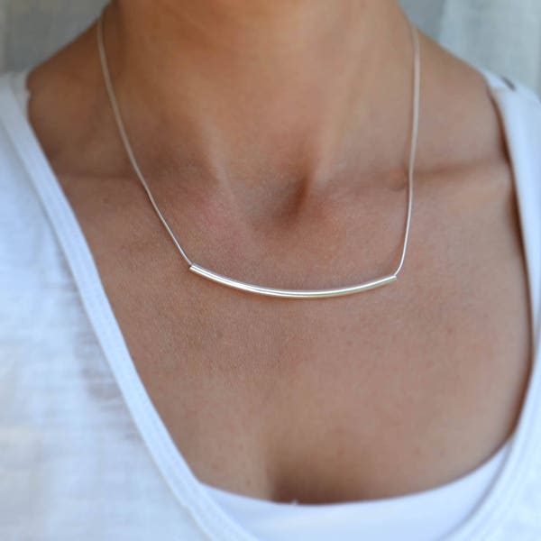 Snake Chain, Unique Long Bar Necklace, Solid Sterling Silver Tube Necklace, Curved Bar Necklace, Long Silver Bar Necklace