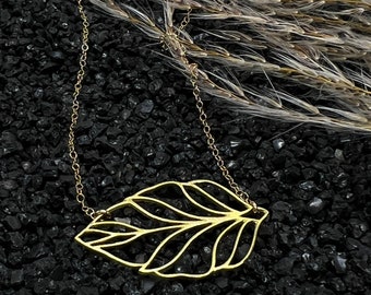 Open Sideways Leaf Pendant Necklace in Gold Filled, Large Lightweight Silver Leaf Charm, Botanical Nature Necklace, Gift for Gardener