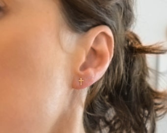 Tiny Cross Stud Earrings in 14k Gold or GF or Sterling Silver, Tiny Cross Post Earrings, Solid Gold Cross, Baptism or Confirmation Gift