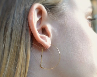 Half Moon Hammered Wire Hoop Earrings in Gold Filled or Sterling Silver, Lightweight Hammered or Smooth Large Half Hoop, Big Hoops Gift