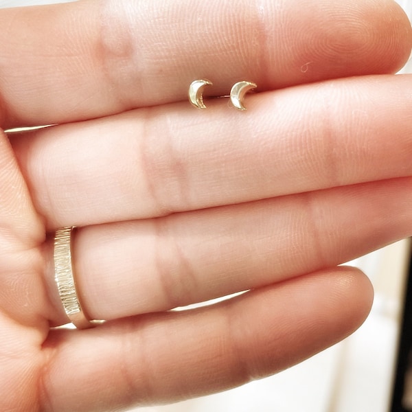 Solid Gold Crescent Moon Stud Earrings, 14k Gold Moon Earrings, Second Hole Earrings, 4mm Studs, Tiny Gold Earrings, Gold Stud