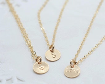 Tiny Custom Initial Letter Circle Pendant Necklace in Gold Filled and Sterling Silver, Mini Heart Charm, Moms Necklace, Gift for Her