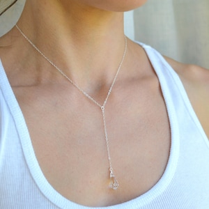 Teardrop Crystal Y Necklace, Long Lariat Necklace, Bridal Jewelry Set, Y Necklace Silver, Rose Gold Crystal Drop Necklace, Simple Wedding