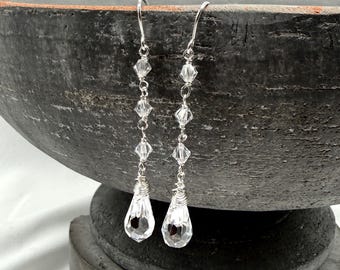 Teardrop Swarovski Crystal Earrings, Gold Filled or Sterling Silver, Long Crystal Drop Earring, Dangle Bridal Jewelry, Handmade in Oregon