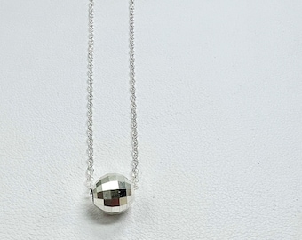 Sterling Silver Disco Ball Pendant on a Dainty Chain, Mirror Ball Charm Necklace, Silver Golf Ball Necklace