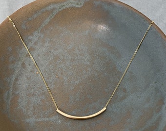 Long Curved Bar Necklace, Floating Gold Bar Necklace, Thin Gold Necklace, Gold Tube Necklacd