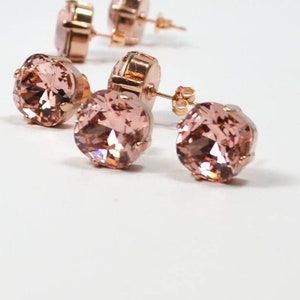 Large Pink Crystal Stud Earrings with Rose Gold Morganite, Blush Pink Crystal Post Earrings, Big Pink Swarovski Crystal Diamond Earring