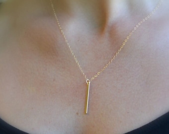 Gold Filled Long Bar Necklace Vertical, Gold Filled Bar Hammered Bar Layered Necklace