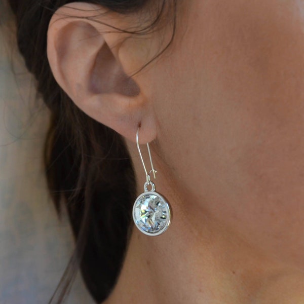Rivoli Swarovski Crystal Dangle Earrings, Large CZ, Drop Sterling Silver Earring Rhinestone, Round Diamond Earring, Wedding Bridesmaids Gift