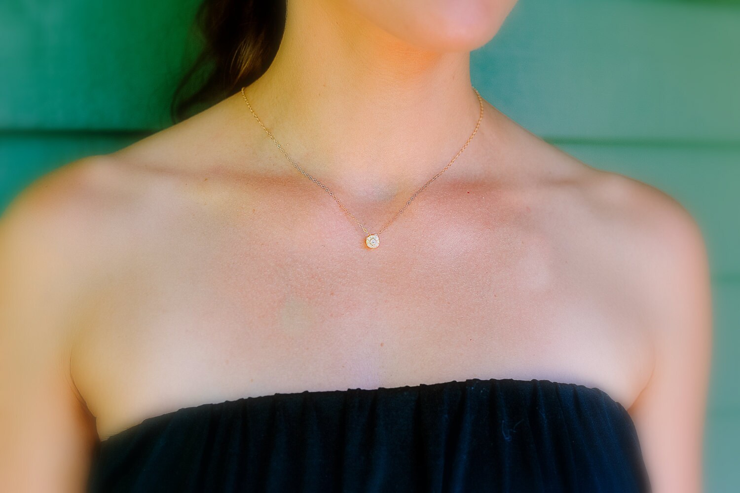 14K Gold Pave Diamond Necklace Floating 