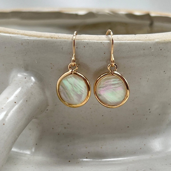 Lightweight Small Round Mother of Pearl Earrings, Iridescent Colors Teardrop Design in Gold or Silver 14k Gold Filled or Sterling Silver