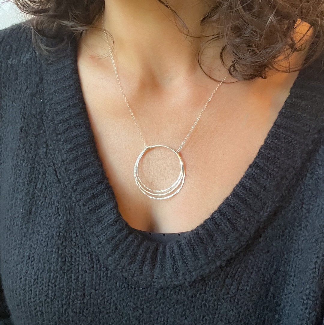 Hammered Sterling Silver Necklace, Thin Circle Necklace, Three Circle