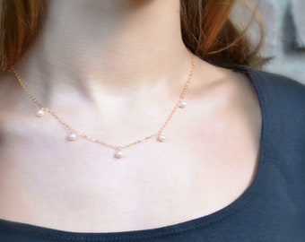 Delicate High Luster Pearl Necklace in Gold Filled or Sterling Silver, Freshwater Pearl Necklace, Thin Pearl Charm Necklace 3 or 5 pearls