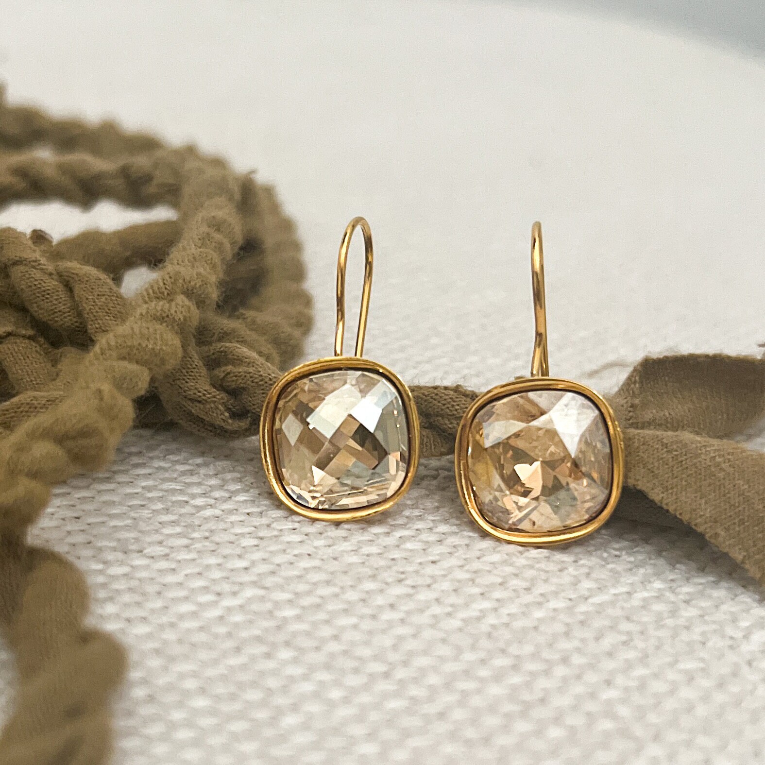 Champagne Crystal Drop Earrings, Cushion Cut Topaz Diamond Champagne Crystal Drop Earrings, Cushion Cut Topaz Diamond