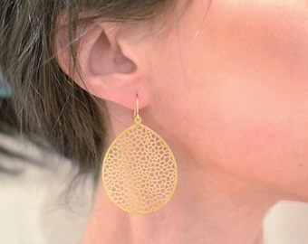 Pendientes grandes de latón macizo chapado en oro, estilo bohemio art déco, estilo candelabro de latón dorado, estilo vintage.