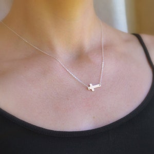 Sterling Silver Horizontal Cross Pendant Necklace with Matte Satin Finish, Christian Religious, First Communion Confirmation Baptism Gift