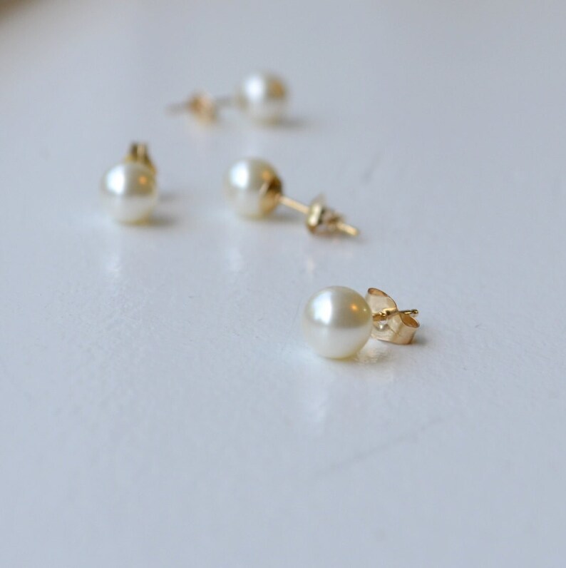 Tiny Round Pearl Stud Earrings in Gold Filled or Sterling Silver, Available in White or Ivory / Cream in 4mm or 6mm image 4