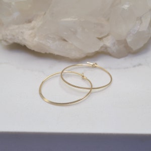 May include: Two delicate gold hoop earrings. The earrings are circular, with a simple, minimalist design. The hoops are thin and appear to be made of a shiny, gold-colored metal. The earrings are displayed on a white surface.