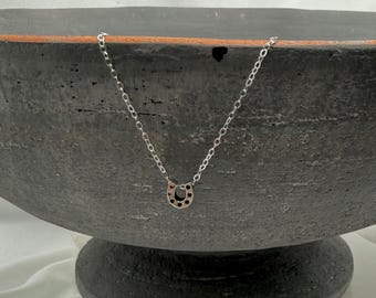 Puede incluir: Un collar con colgante de herradura plateada. El dije de herradura tiene pequeños agujeros espaciados uniformemente. La delicada cadena sostiene la herradura. El collar se muestra sobre una superficie gris oscura y texturizada.