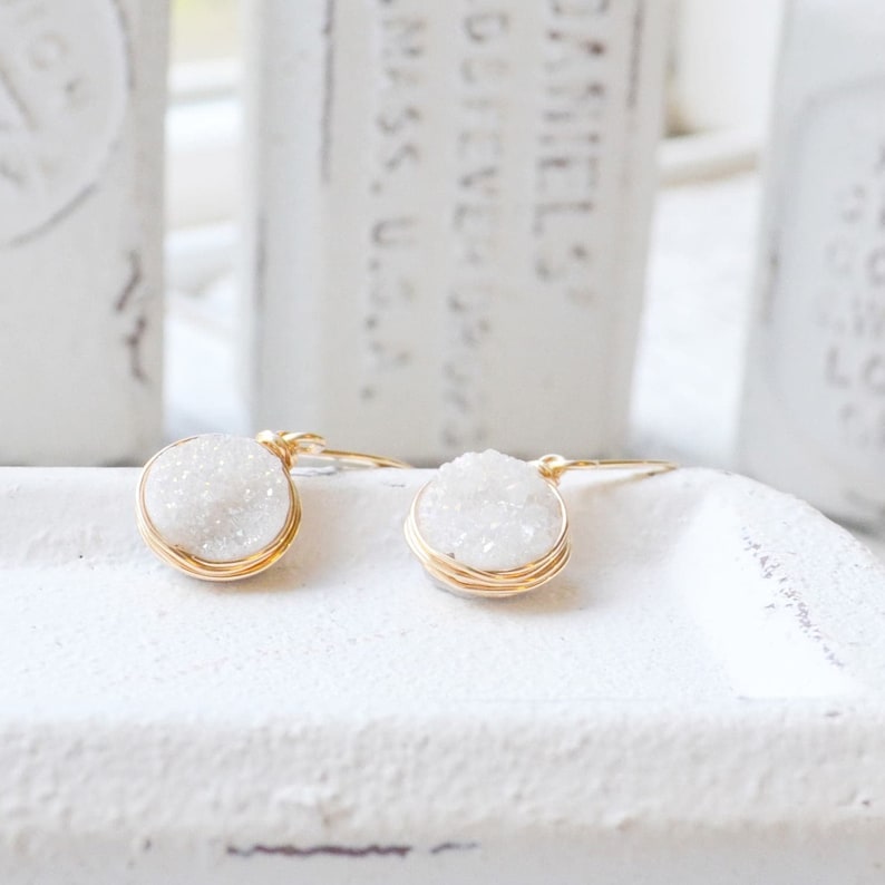 White Druzy Earrings Gold Filled or Sterling Silver, Gold Druzy, Druzy Geode Earrings, Bridal Earrings Gold Drusy Earring Bridesmaid image 4
