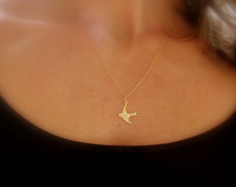 14K Gold, Tiny Gold Sparrow Necklace, Gold Bird Necklace, Little Dove Necklace, Flying Bird Necklace, Solitary Bird, Freedom, Swallow