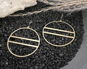 Pendientes grandes de círculo de latón macizo con relleno de oro, pendientes Boho Art Déco, pendientes de declaración de lámpara de araña de latón dorado, estilo vintage